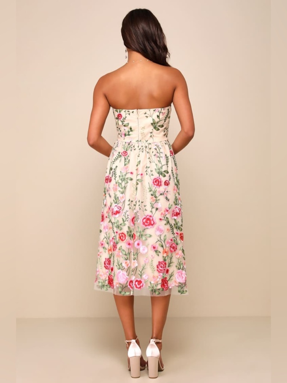 Lulu's Cream Strapless Midi Dress with Pink & Green Floral Embroidery - Picture 2 of 5